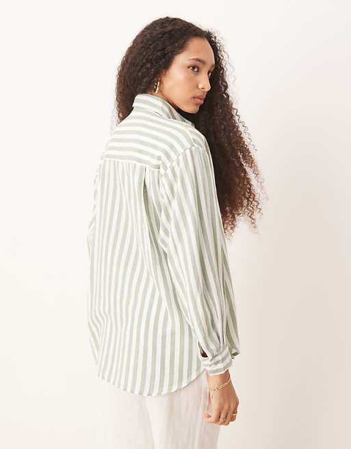Stradivarius Linen Look Long Sleeve Shirt In Light Green Stripe
