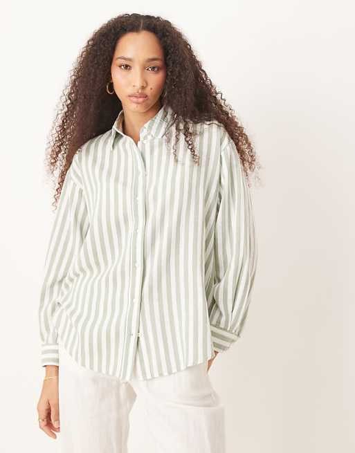 Stradivarius linen look long sleeve shirt in light green stripe