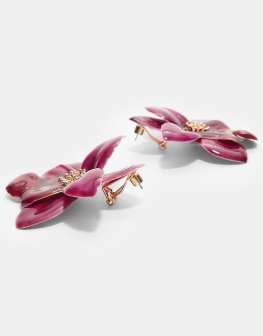 Stradivarius Orchid Flower Earrings In Fuchsia
