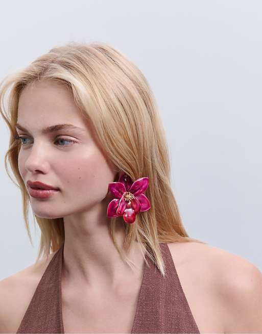 Stradivarius Orchid flower earrings in fuchsia