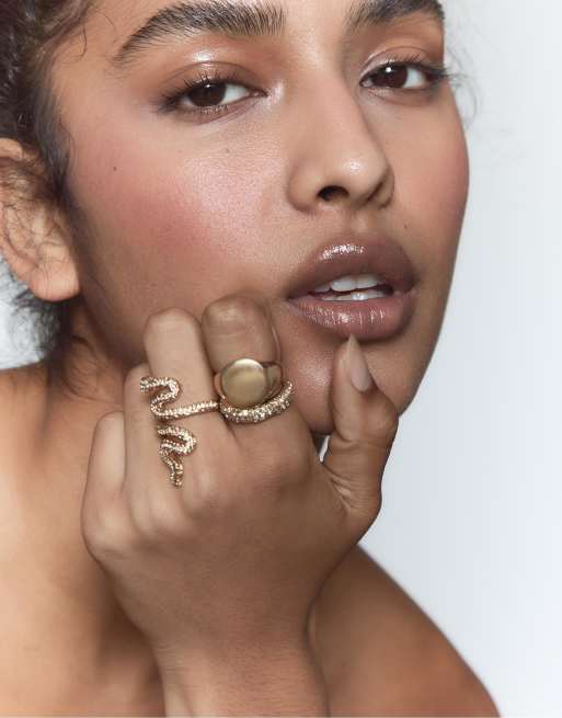 Stradivarius Set Of 3 Snake And Rhinestone Rings In Gold