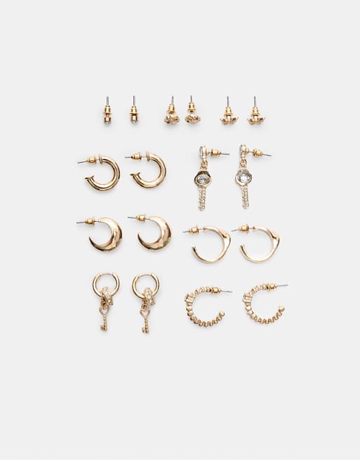 Stradivarius Set of 9 pairs of shiny earrings in gold