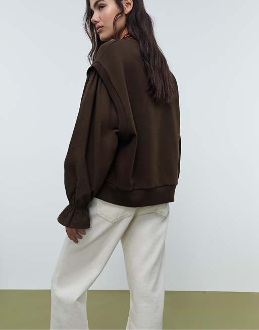 Stradivarius Sweatshirt With Contrast Puff Sleeves In Brown