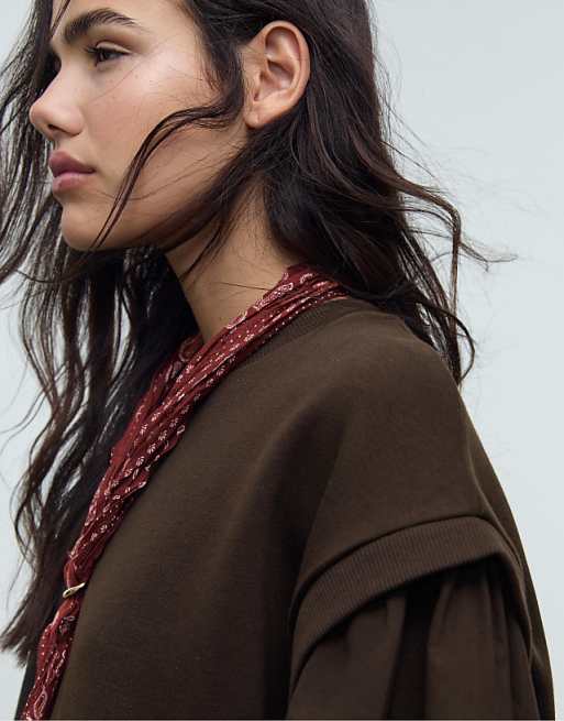 Stradivarius Sweatshirt With Contrast Puff Sleeves In Brown