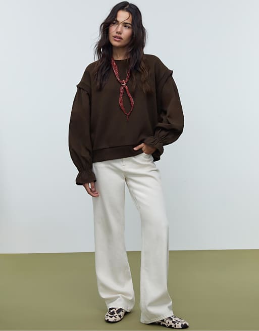 Stradivarius Sweatshirt with contrast puff sleeves in brown