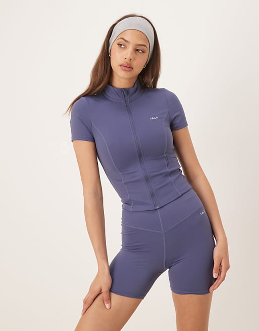 Tala SkinLuxe short sleeve zip through running top in blue