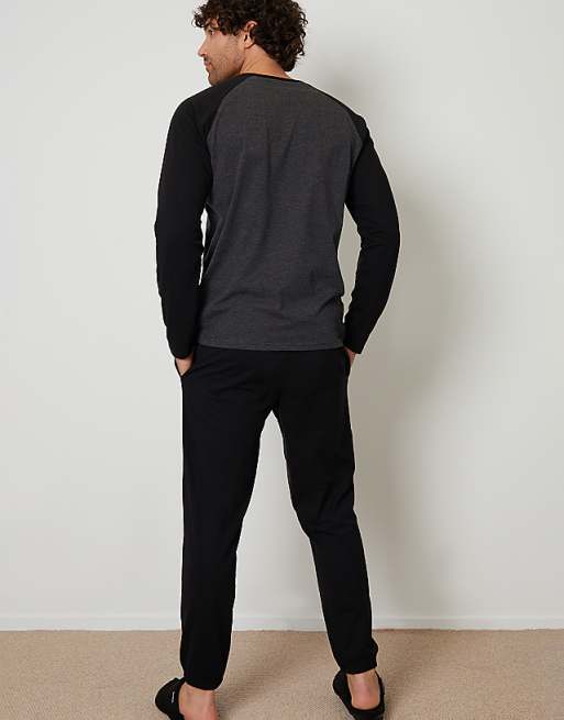 Threadbare 'baddaway' Cotton Blend Contrast Sleeve Pyjama Set In Black