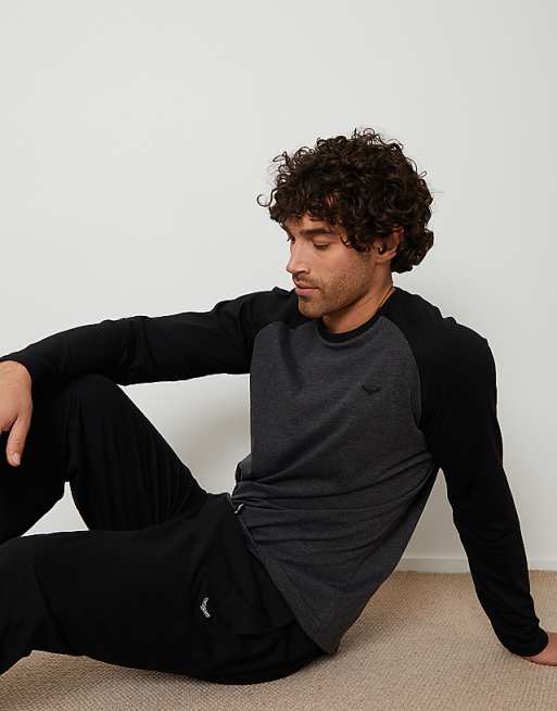 Threadbare 'baddaway' Cotton Blend Contrast Sleeve Pyjama Set In Black