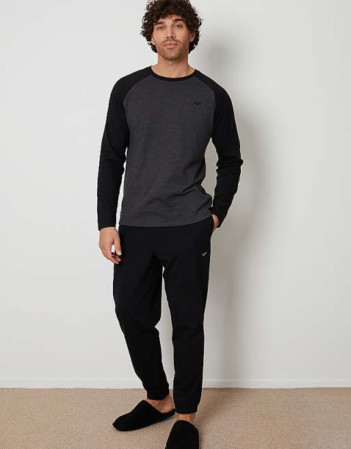 Threadbare 'baddaway' cotton blend contrast sleeve pyjama set in black