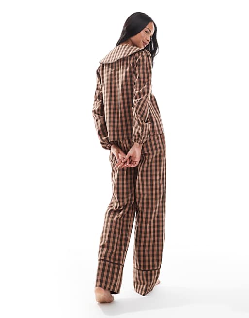 Threadbare Button Down Pyjamas With Collar In Brown Check
