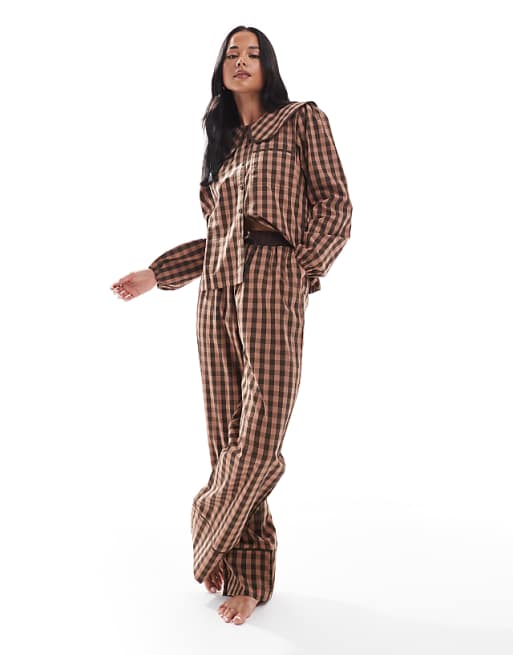 Threadbare button down pyjamas with collar in brown check