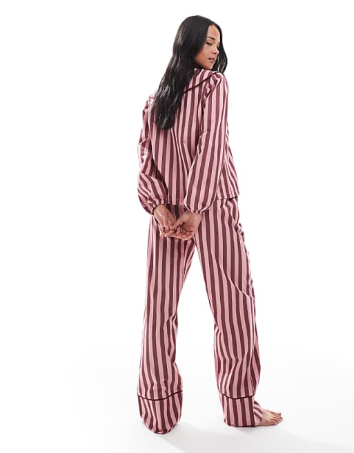 Threadbare Button Down Pyjamas With Collar In Burgundy And Pink Stripe