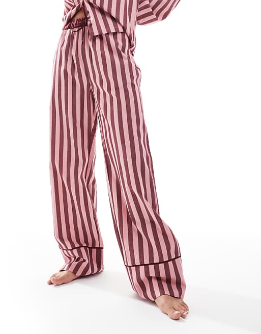 Threadbare Button Down Pyjamas With Collar In Burgundy And Pink Stripe