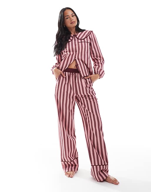 Threadbare button down pyjamas with collar in burgundy and pink stripe