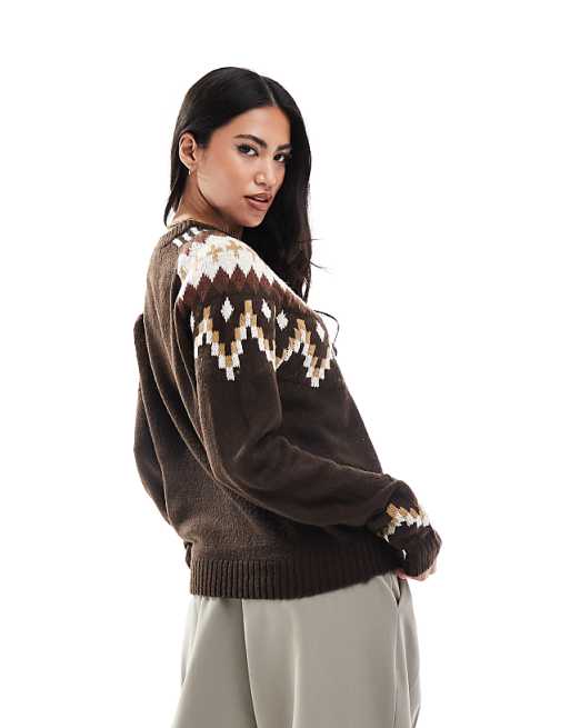 Threadbare Crew Neck Aztec Print Jumper In Beige And Brown