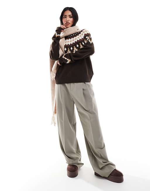 Threadbare Crew Neck Aztec Print Jumper In Beige And Brown