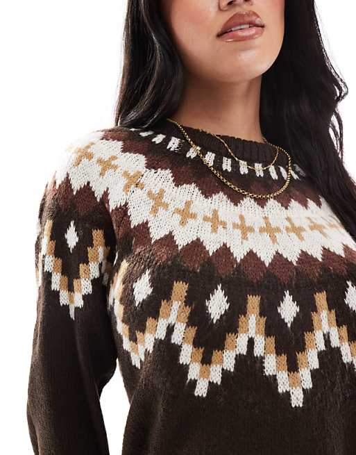 Threadbare Crew Neck Aztec Print Jumper In Beige And Brown