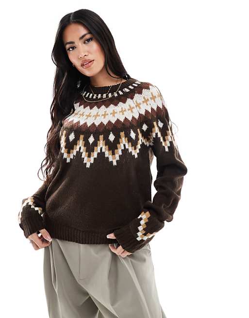 Threadbare crew neck aztec print jumper in beige and brown
