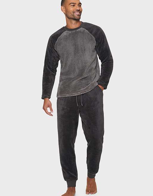 Threadbare 'cube' borg loungewear set in charcoal