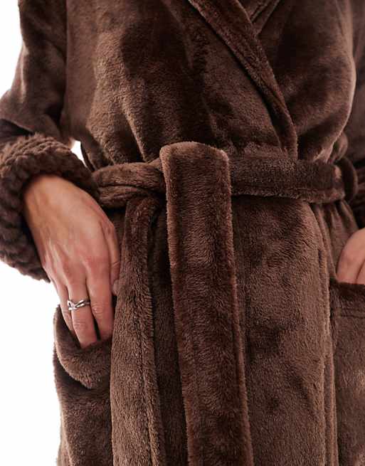 Threadbare Long Fluffy Dressing Gown In Chocolate Brown