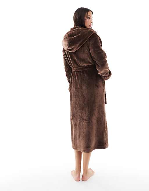 Threadbare Long Fluffy Dressing Gown In Chocolate Brown