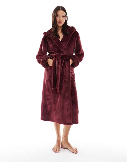 Threadbare long fluffy dressing gown in fig
