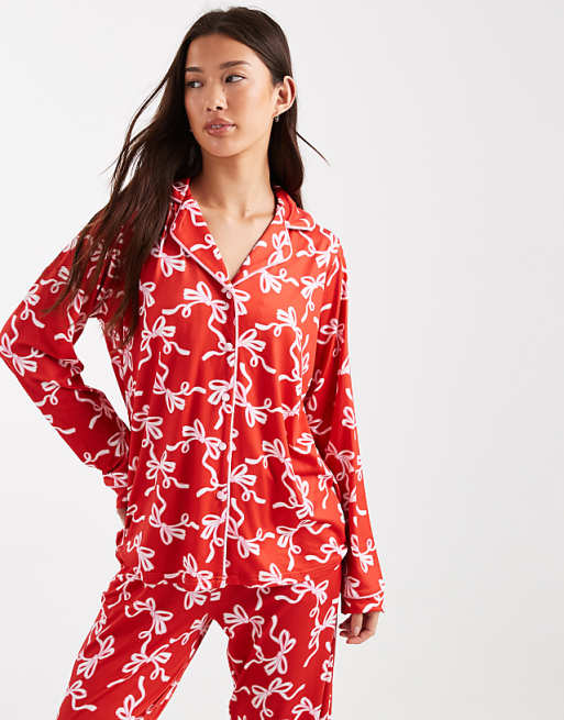 Threadbare Long Sleeve Pyjamas In Red With Bow Print