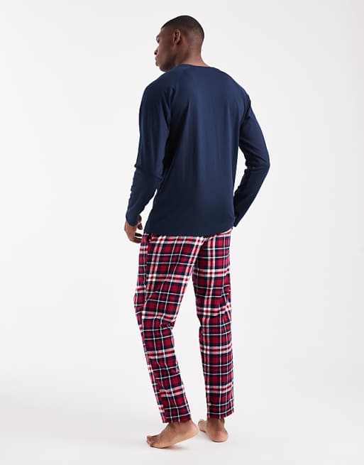 Threadbare Long Sleeve Top And Trouser Pyjama Set In Navy And Red Check