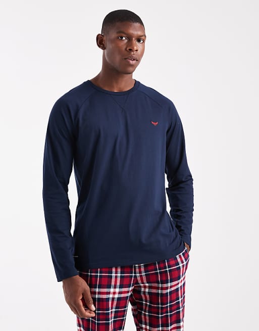 Threadbare Long Sleeve Top And Trouser Pyjama Set In Navy And Red Check