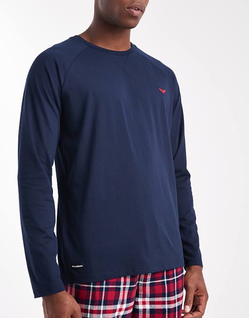Threadbare Long Sleeve Top And Trouser Pyjama Set In Navy And Red Check