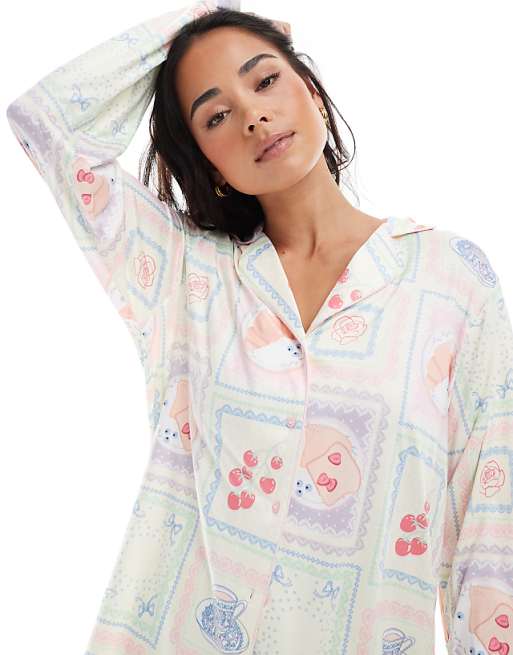 Threadbare Soft Touch Tile Print Pyjama Set In White