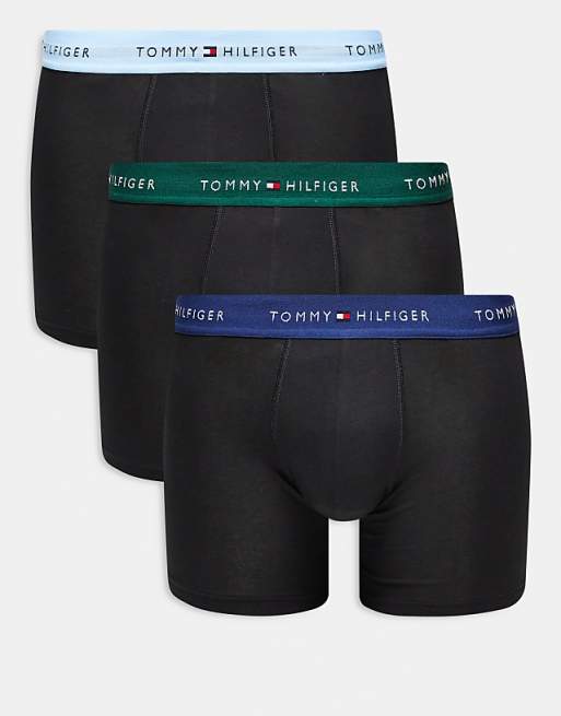 Tommy Hilfiger signature cotton essentials 3 pack boxer briefs in black with green/blue waistbands