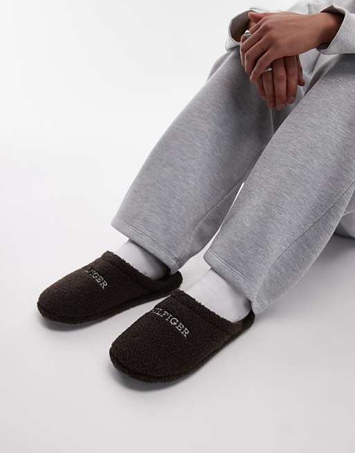 Tommy Hilfiger teddy slippers in dark brown