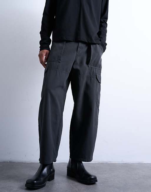 Topman Canvas Barrel Cargo Trouser In Washed Black