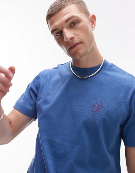 Topman crop fit t-shirt with flower embroidery in blue
