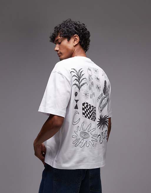 Topman crop t-shirt with front and back scribble print and embroidery in white