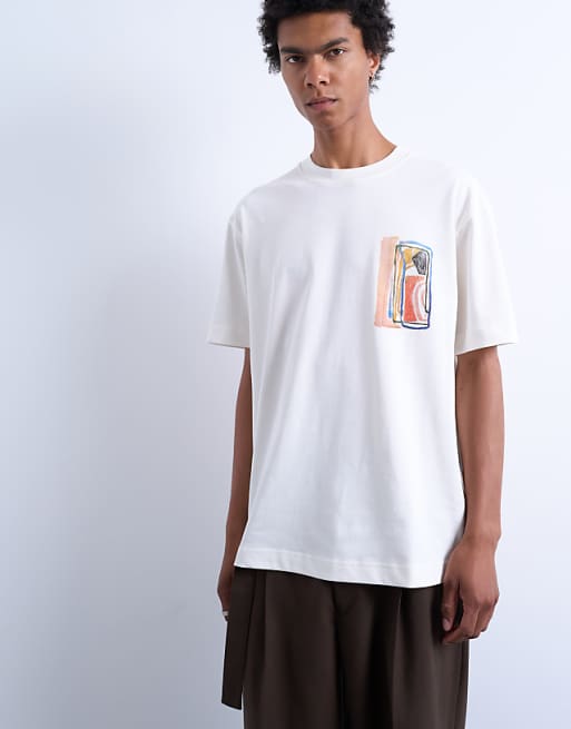 Topman Oversized Fit T-shirt With Abstract Block Print In Ecru