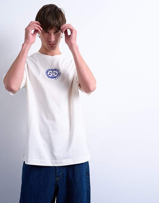 Topman Oversized Fit T-shirt With Front And Back Cala Carbo Print In Ecru