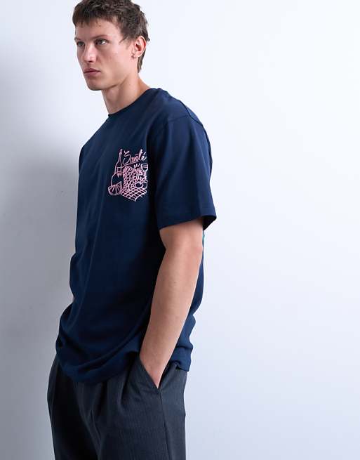 Topman Oversized Fit T-shirt With Front And Back Fruit And Wine Print In Navy