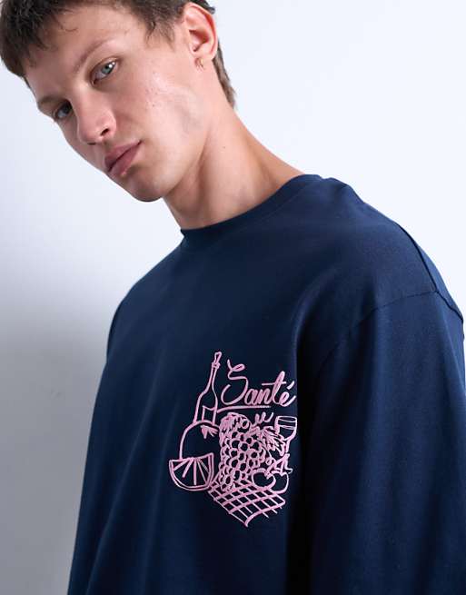 Topman Oversized Fit T-shirt With Front And Back Fruit And Wine Print In Navy