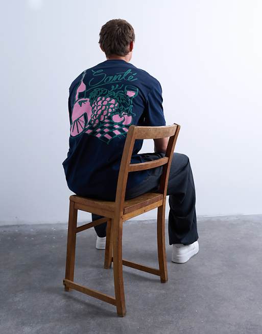Topman oversized fit t-shirt with front and back fruit and wine print in navy