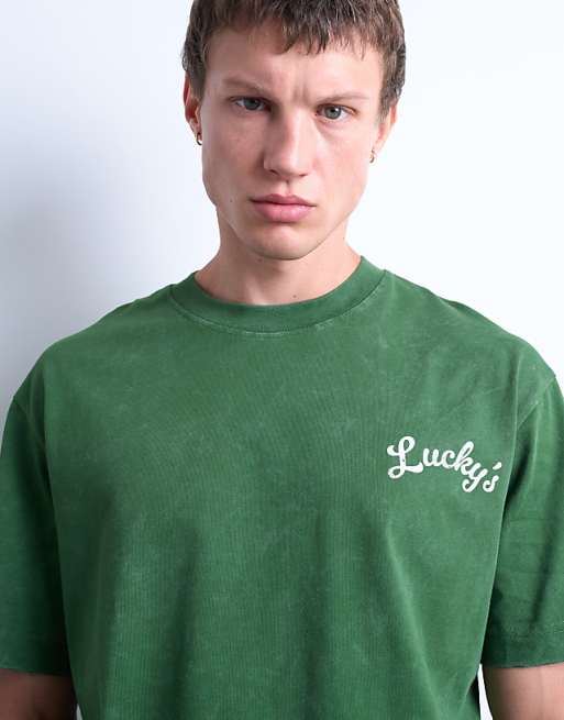 Topman Oversized Fit T-shirt With Front And Back Lucky Print In Washed Green