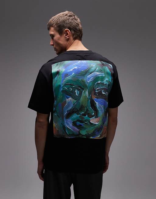 Topman oversized fit t-shirt with front and back painted face graphic in black