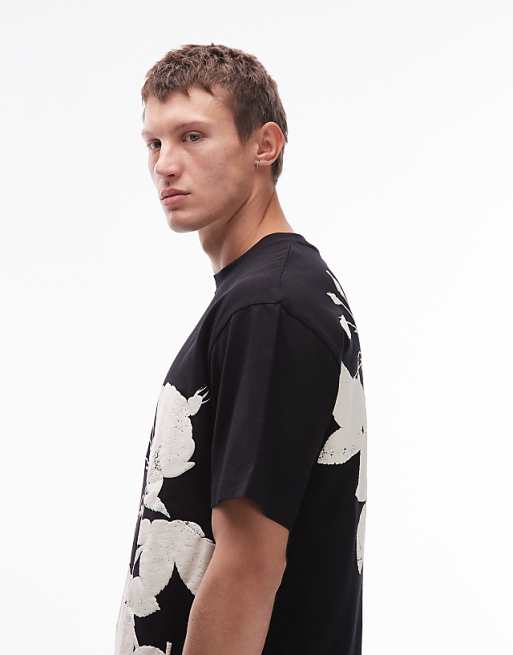 Topman Oversized Fit T-shirt With Mono Floral Print In Black