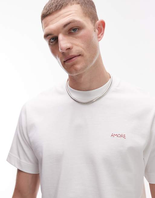 Topman regular fit t-shirt with Amore embroidery in ecru