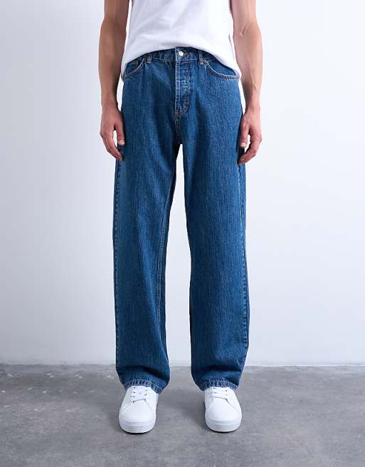 Topman rigid baggy jean in mid wash