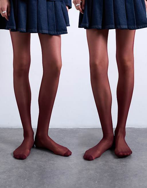 Topshop 2pk 15 denier sheer tights in burgundy
