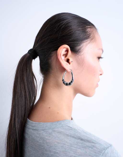 Topshop Belle Hoop Earrings With Black Semi-precious Stones In Silver