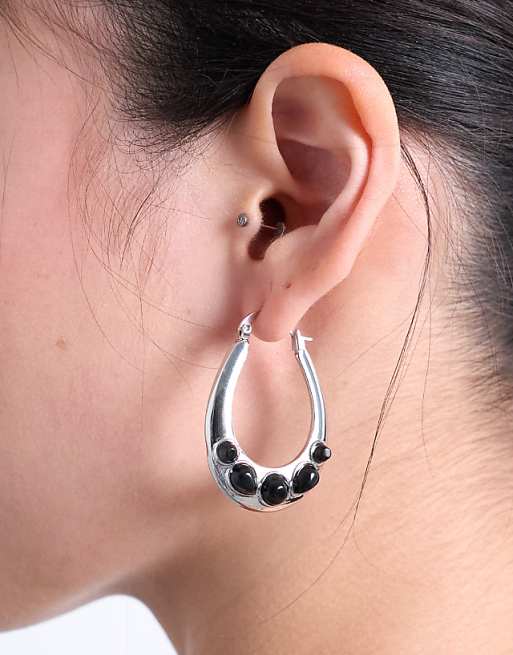 Topshop Belle hoop earrings with black semi-precious stones in silver