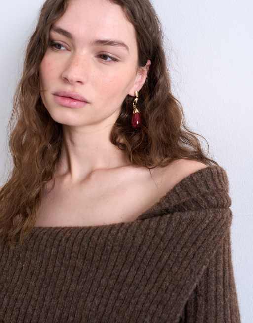 Topshop Blake Spiral Studd Earrings With Stone In Gold And Burgundy